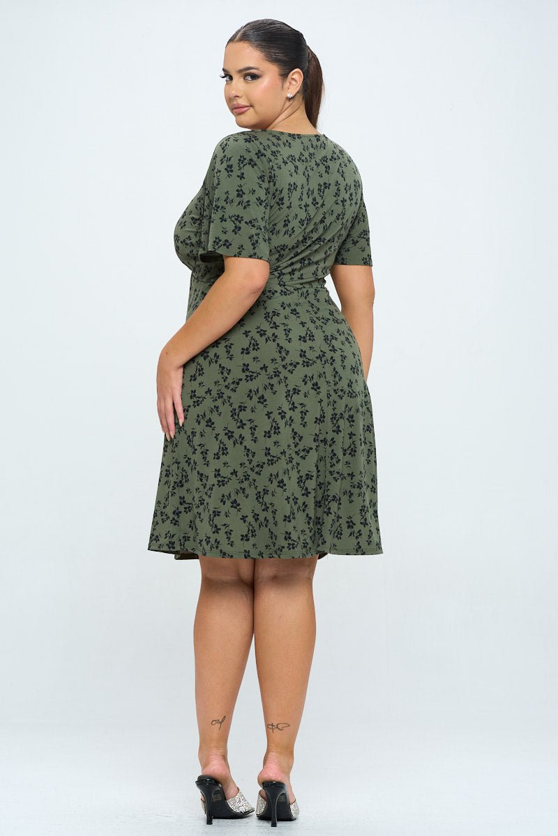 Image of West K Elli Plus Size Short Sleeve Dress Olive Black Floral