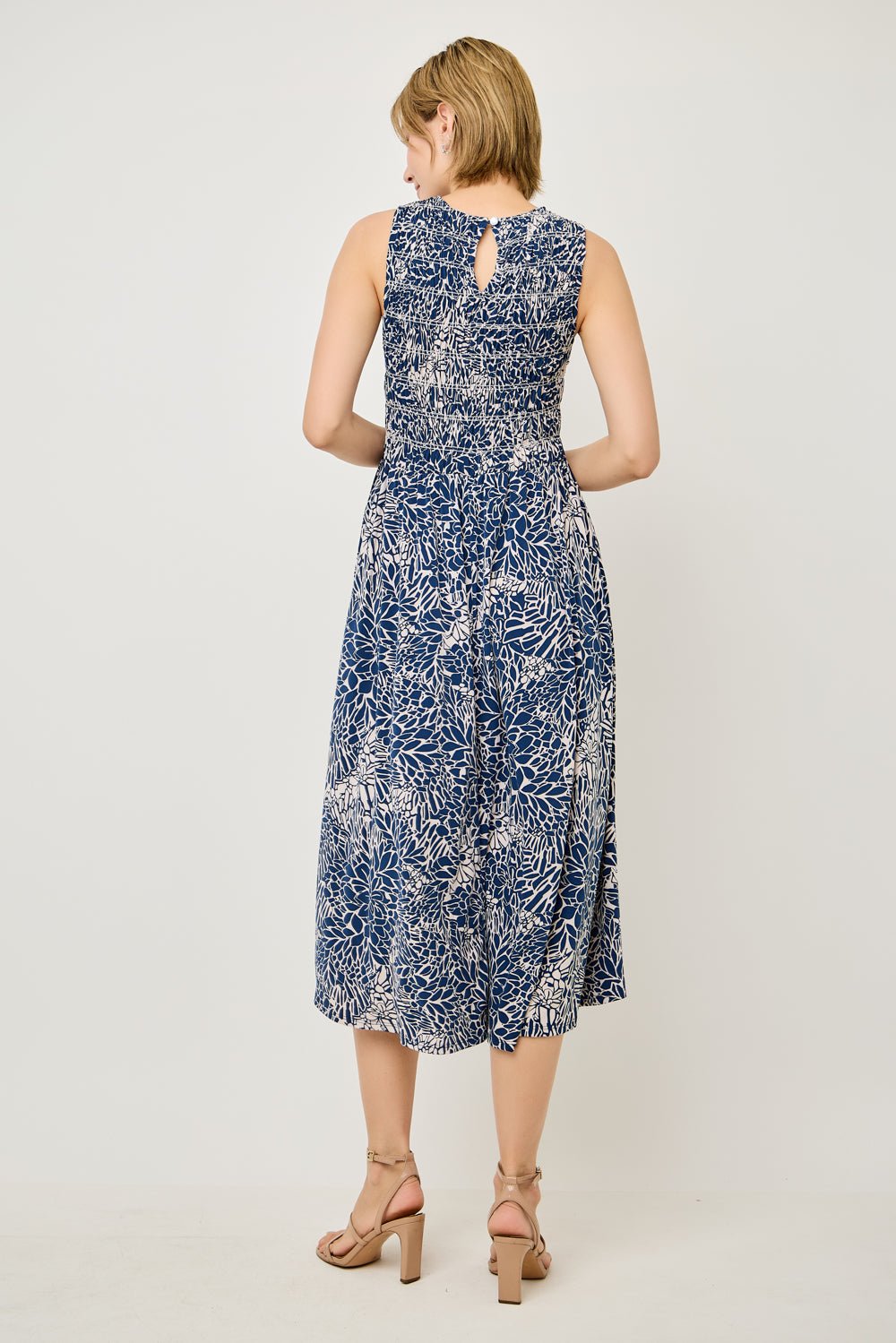 Image of West K Elowen Smocked Bodice Knit Midi Dress Blue Leaf