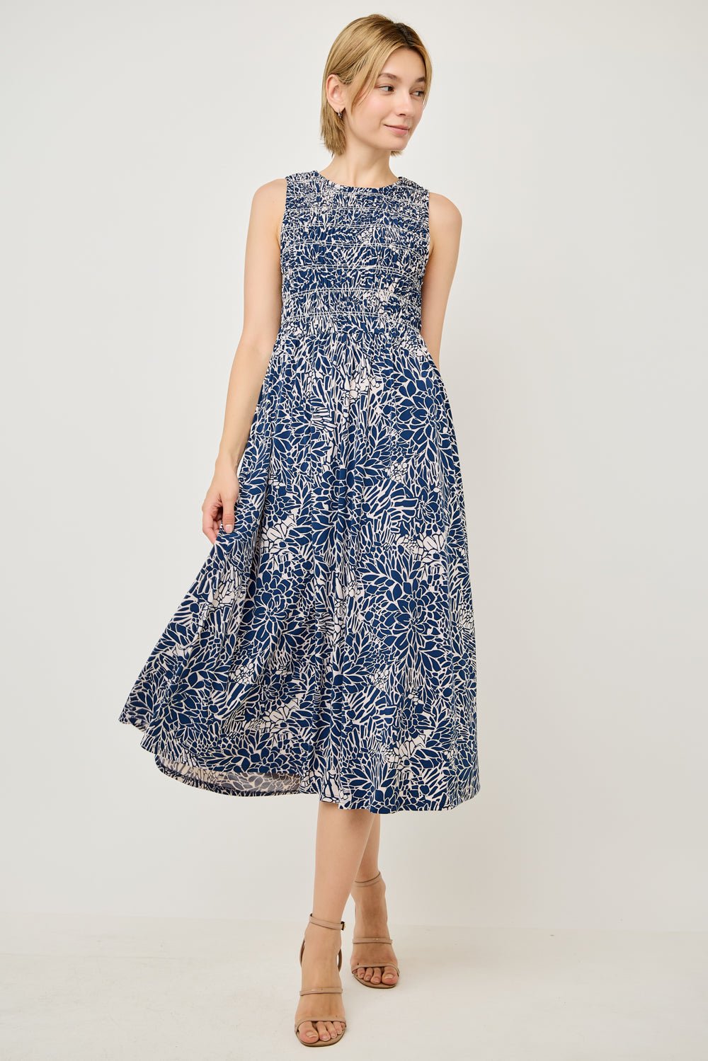 Image of West K Elowen Smocked Bodice Knit Midi Dress Blue Leaf