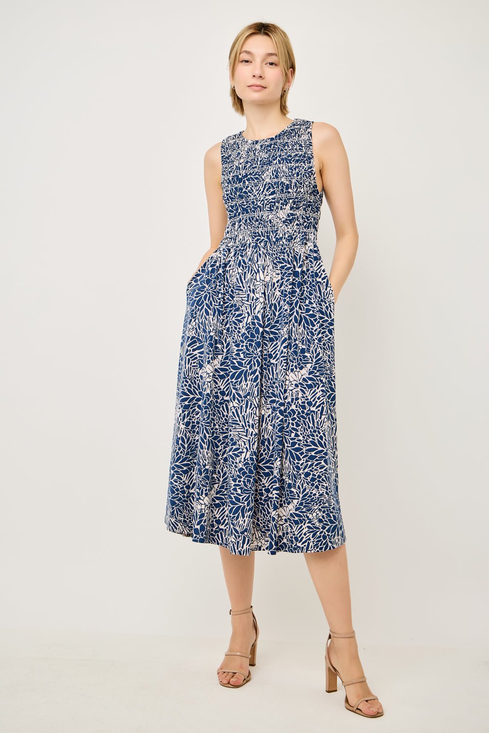 Image of West K Elowen Smocked Bodice Knit Midi Dress Blue Leaf