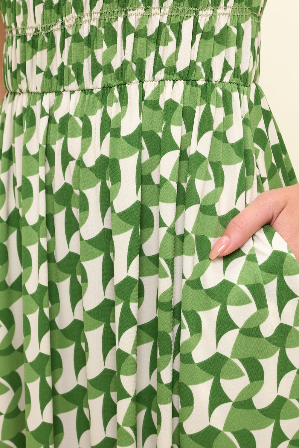 Image of West K Elowen Smocked Bodice Knit Midi Dress Green Geo