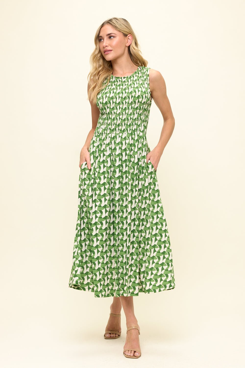 Image of West K Elowen Smocked Bodice Knit Midi Dress Green Geo