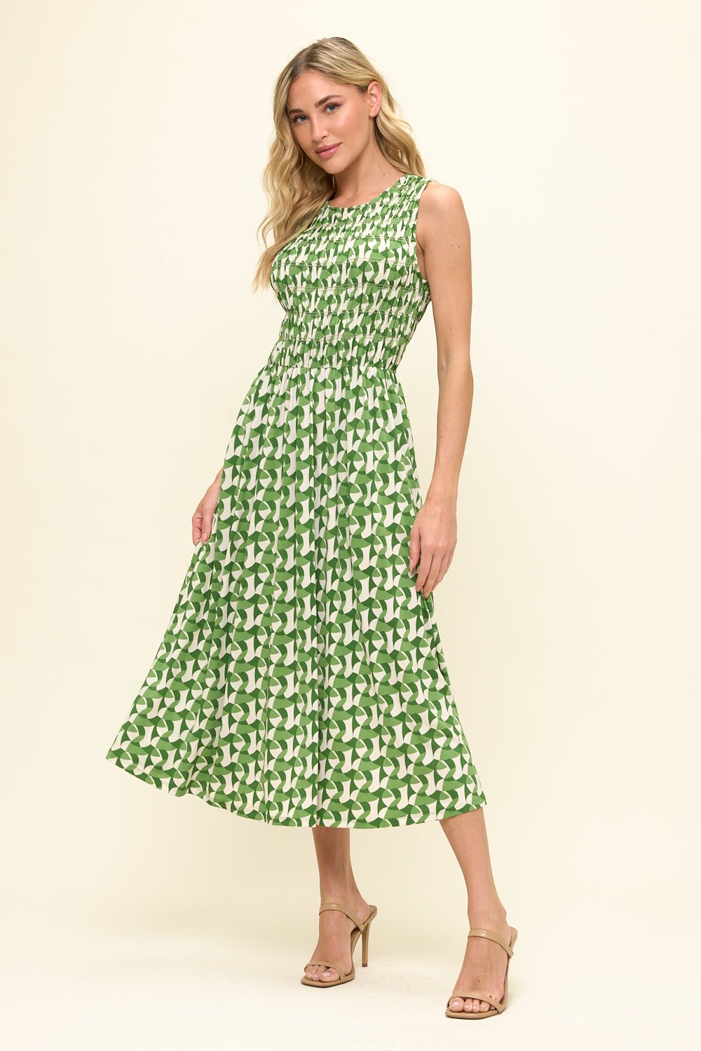 Image of West K Elowen Smocked Bodice Knit Midi Dress Green Geo