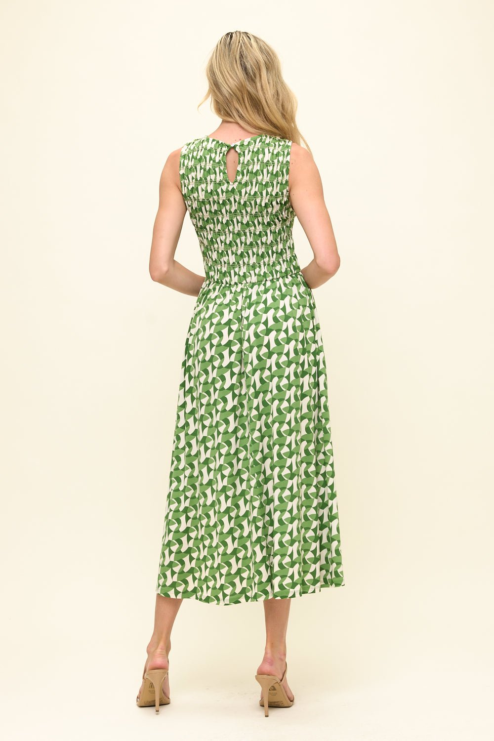 Image of West K Elowen Smocked Bodice Knit Midi Dress Green Geo