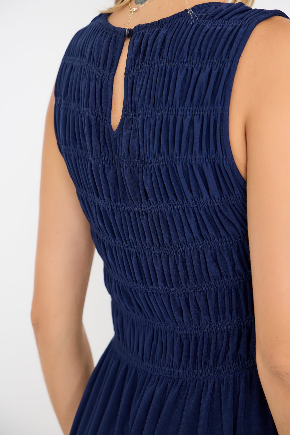 Image of West K Elowen Smocked Bodice Knit Midi Dress Navy