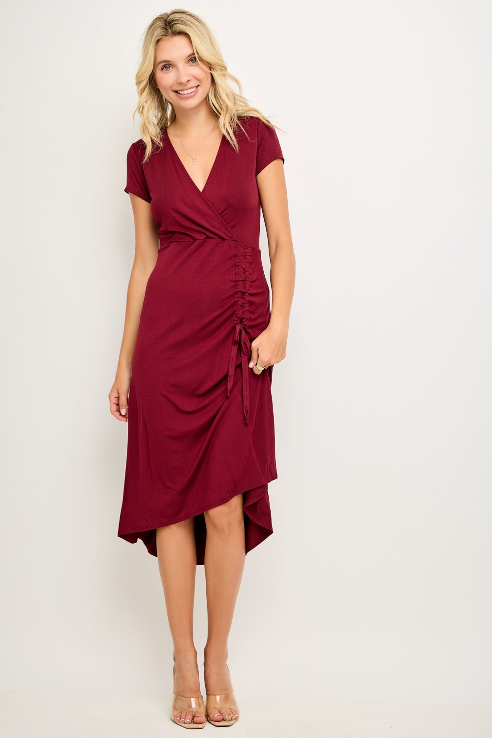 Image of West K Emma Ruched Midi Wrap Dress Wine