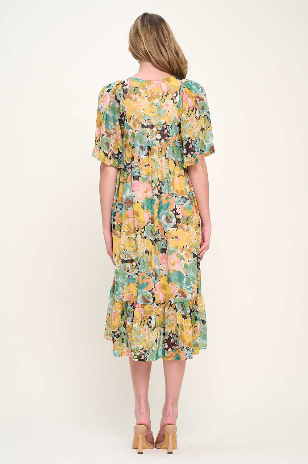 Image of West K Everly Flowy Tiered Dress with Tassels Yellow Green Floral