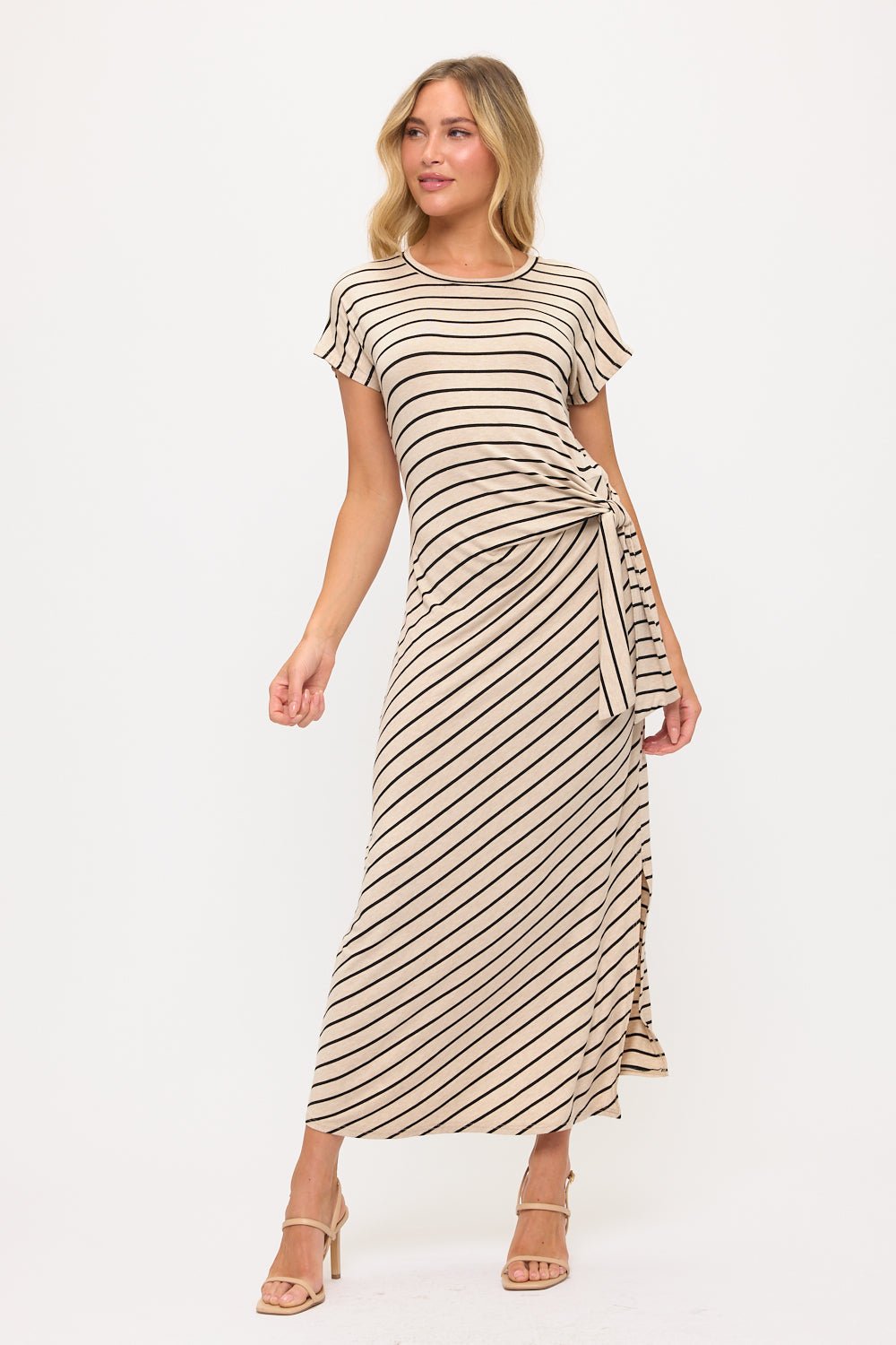 Image of West K Fia Striped Tie - Front Maxi Dress Oatmeal Stripe