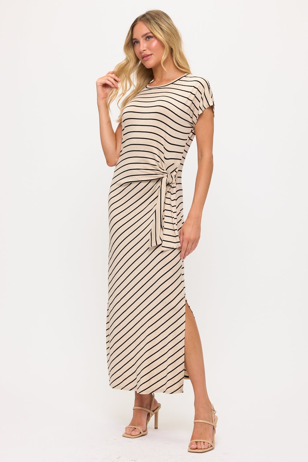 Image of West K Fia Striped Tie - Front Maxi Dress Oatmeal Stripe