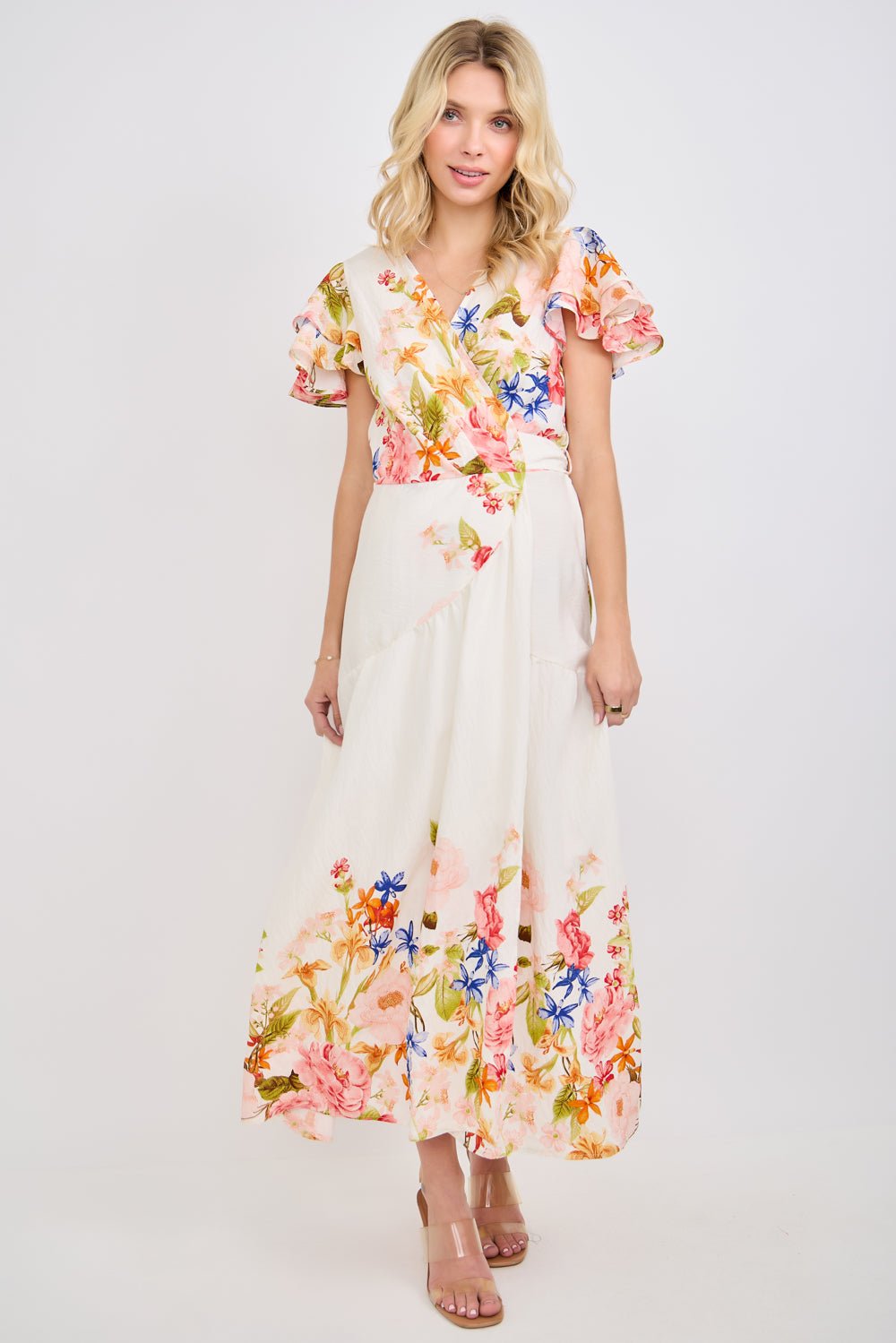 flutter sleeve floral maxi dress Wrap waist = 16 Resort Wear Collection Cores:Shell Beige Clearance: Little Girls' Dresses