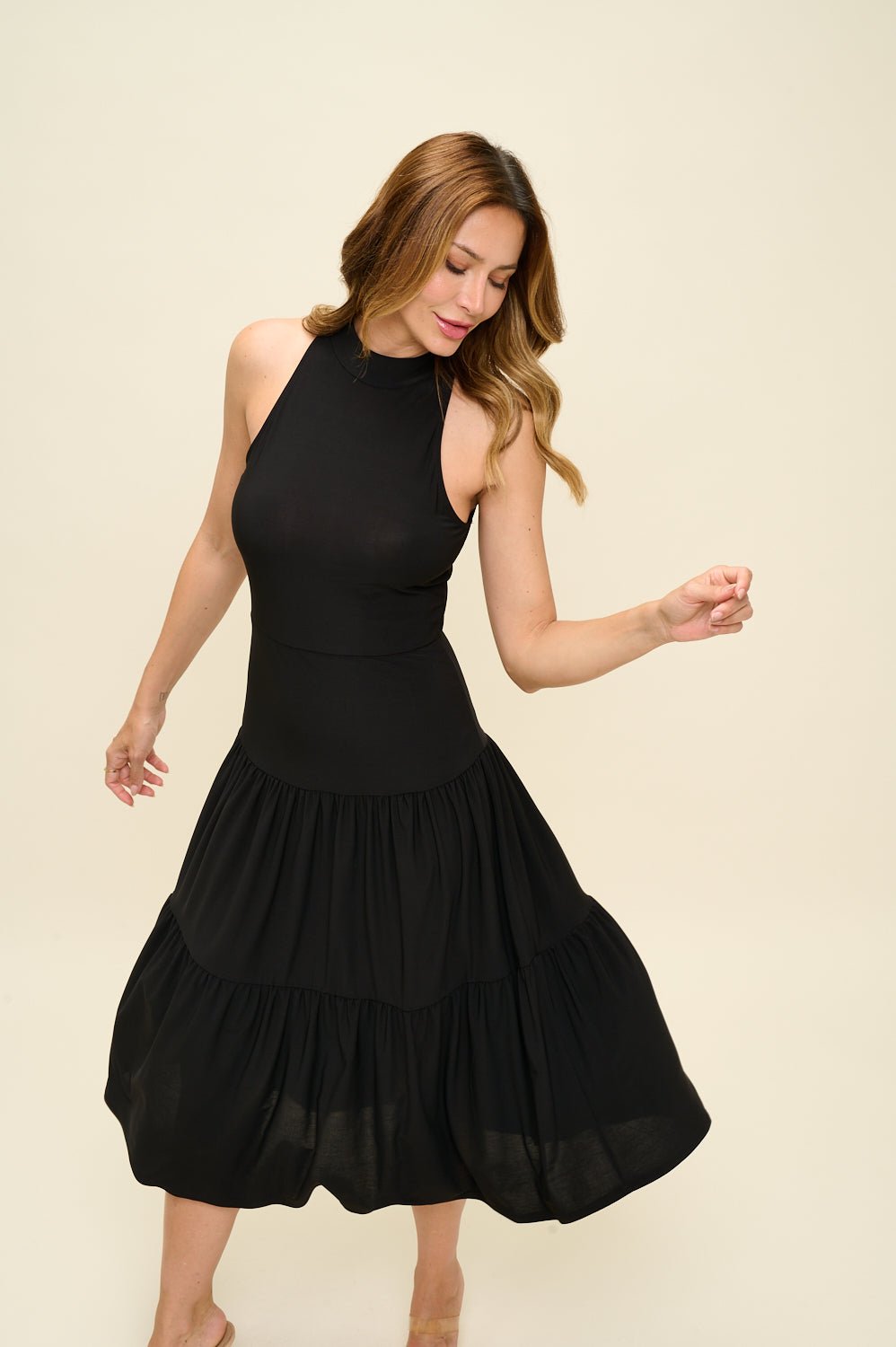 Image of West K Freja Sleeveless Mock Neck Tiered Midi Dress Black