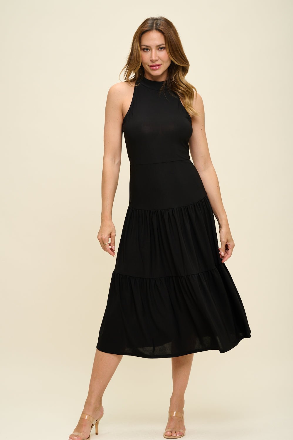 Image of West K Freja Sleeveless Mock Neck Tiered Midi Dress Black