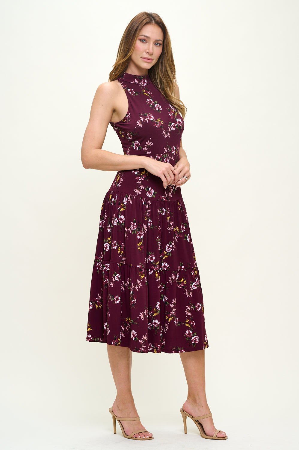 Image of West K Freja Sleeveless Mock Neck Tiered Midi Dress Burgundy Floral