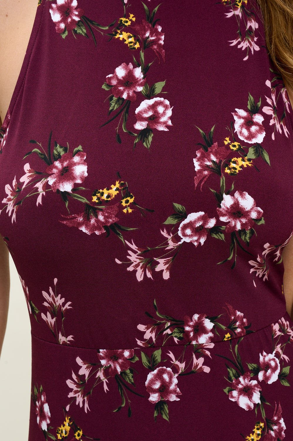 Image of West K Freja Sleeveless Mock Neck Tiered Midi Dress Burgundy Floral