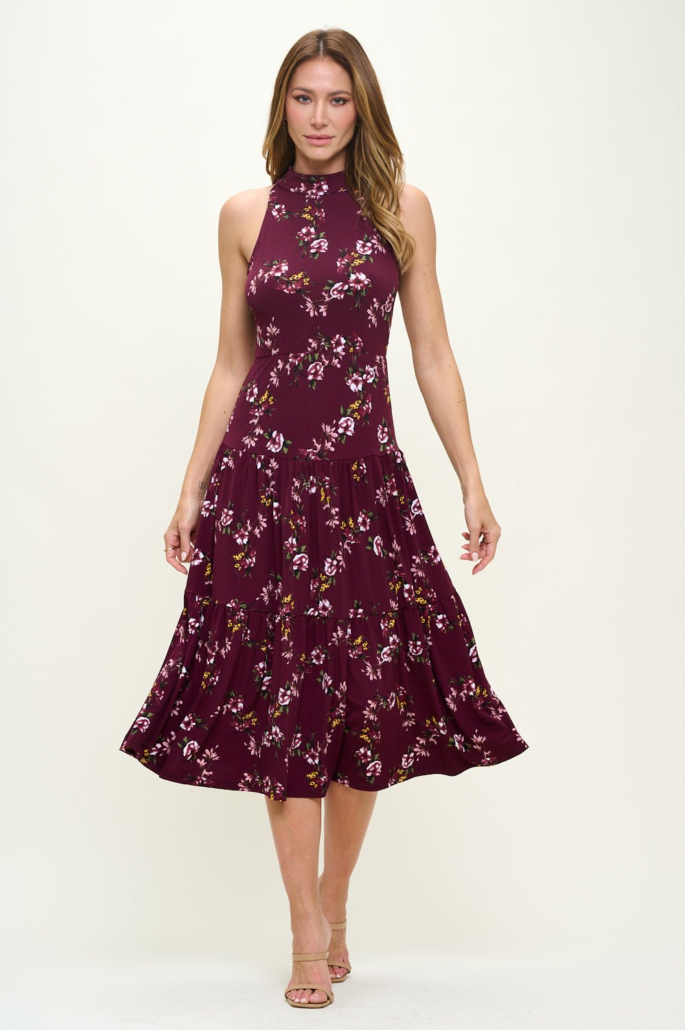 Image of West K Freja Sleeveless Mock Neck Tiered Midi Dress Burgundy Floral
