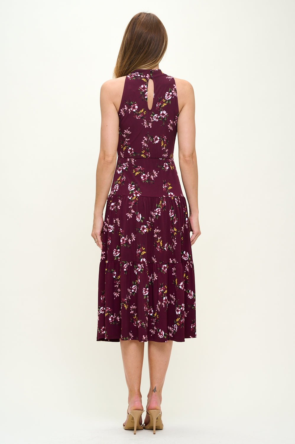 Image of West K Freja Sleeveless Mock Neck Tiered Midi Dress Burgundy Floral