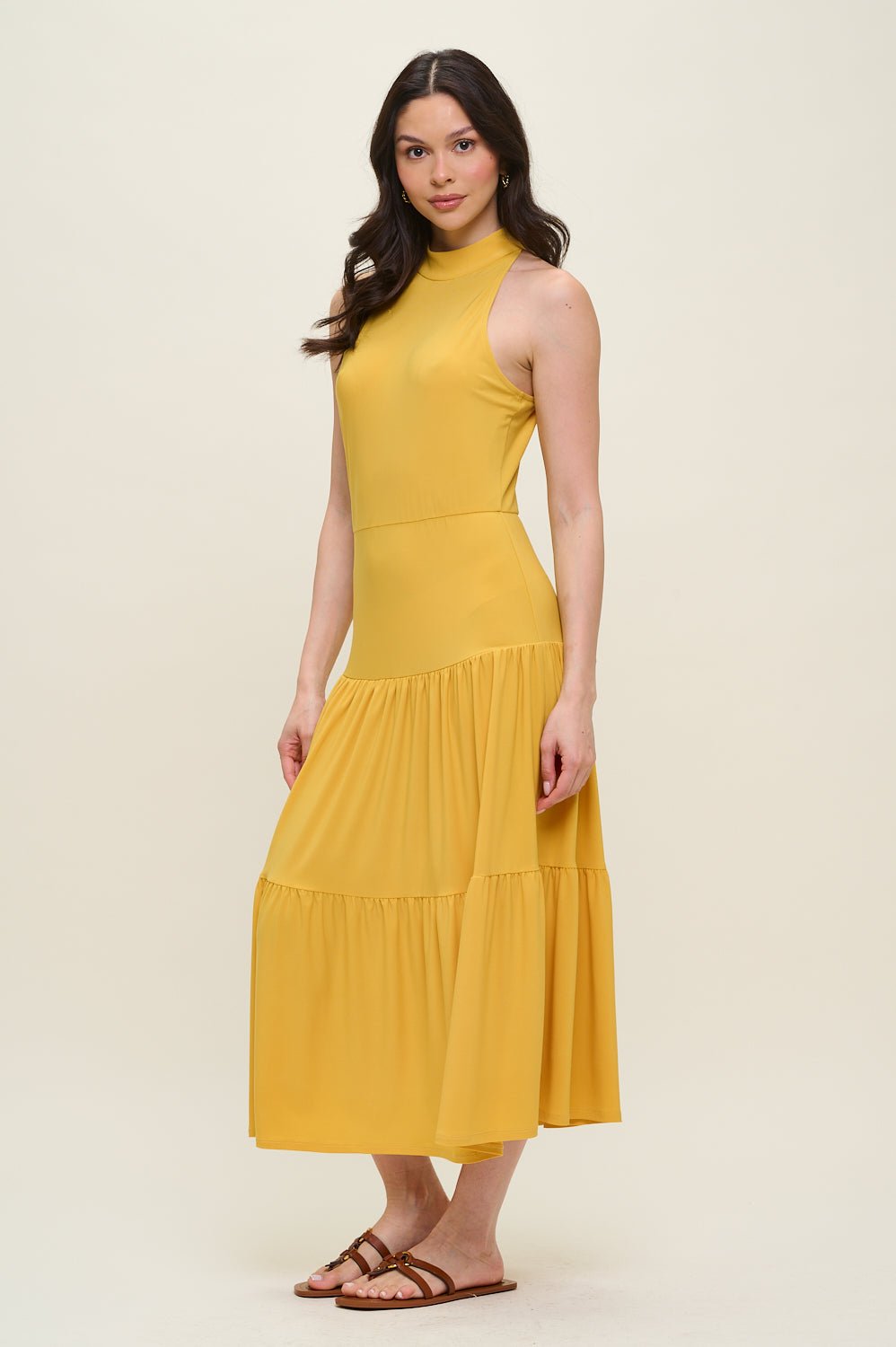 Image of West K Freja Sleeveless Mock Neck Tiered Midi Dress Mustard