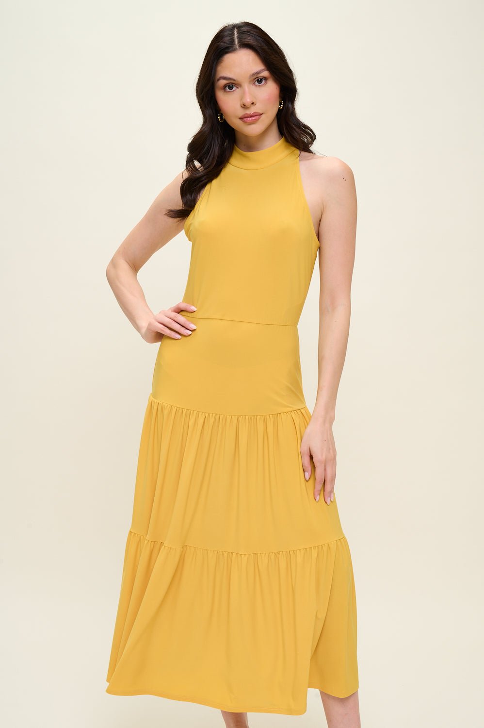Image of West K Freja Sleeveless Mock Neck Tiered Midi Dress Mustard