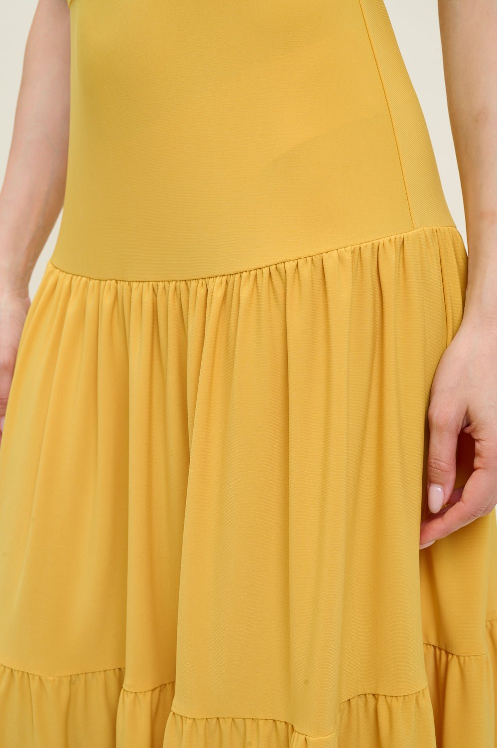 Image of West K Freja Sleeveless Mock Neck Tiered Midi Dress Mustard