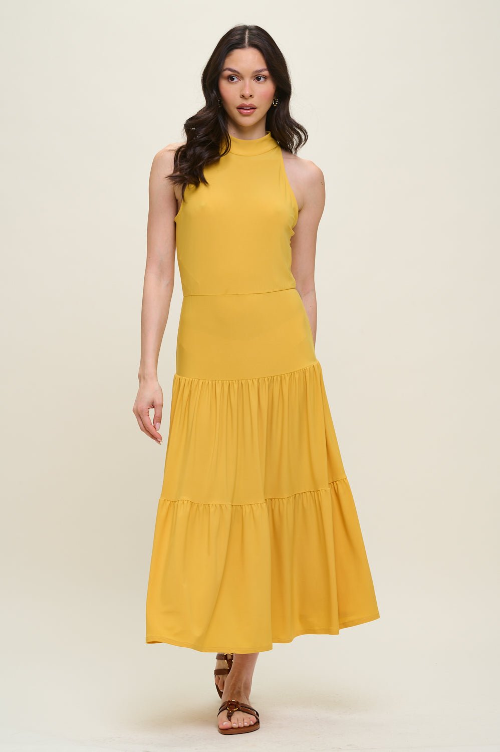 mustard midi dress Freja Sleeveless Mock Neck Tiered Midi Dress Mustard / L