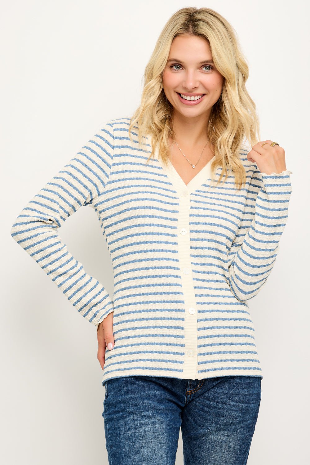 Image of West K Gaia Striped Button Front Cardigan Blue White Stripe