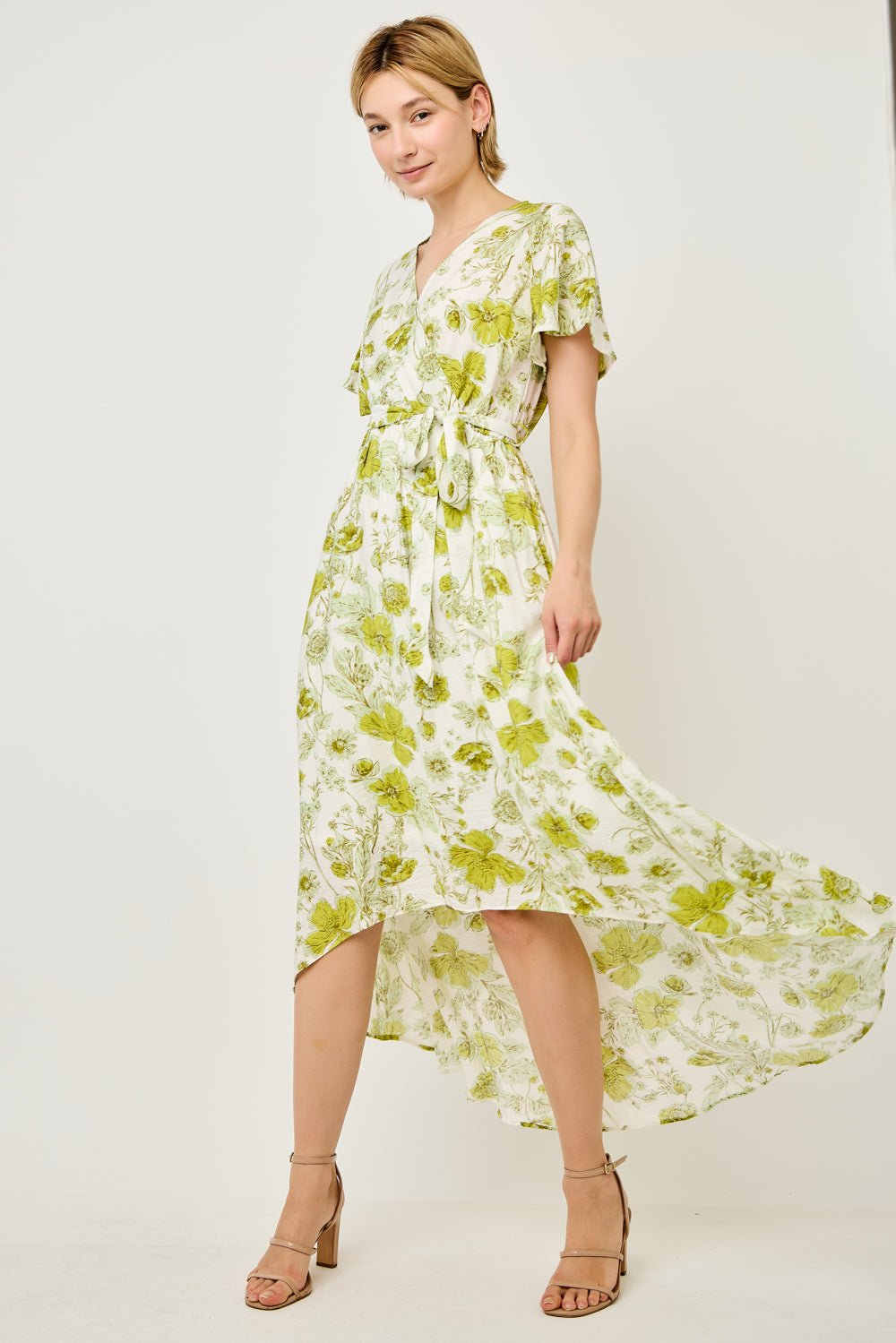 Image of West K Georgette Faux Wrap High - Low Midi Dress Lime Floral
