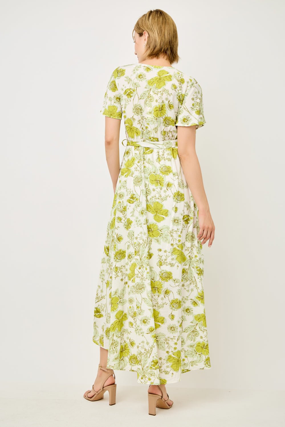 Image of West K Georgette Faux Wrap High - Low Midi Dress Lime Floral