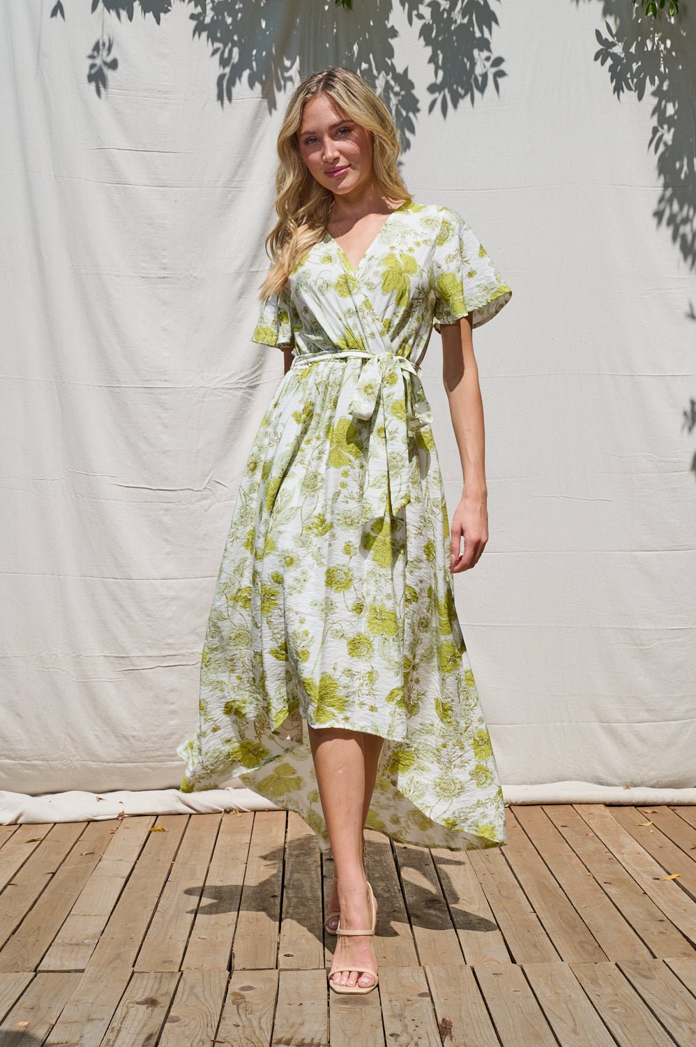 Image of West K Georgette Faux Wrap High - Low Midi Dress Lime Floral