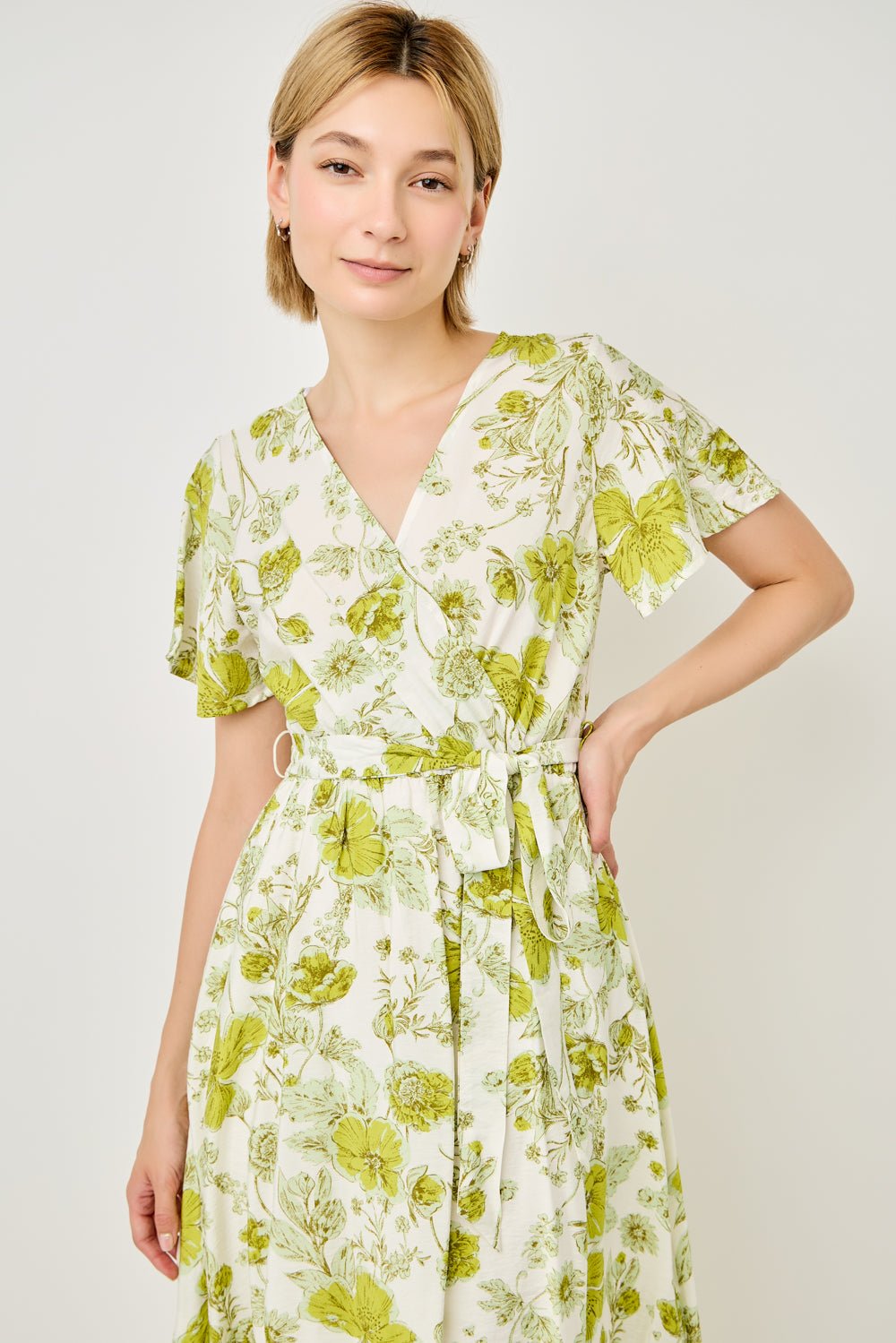 Image of West K Georgette Faux Wrap High - Low Midi Dress Lime Floral