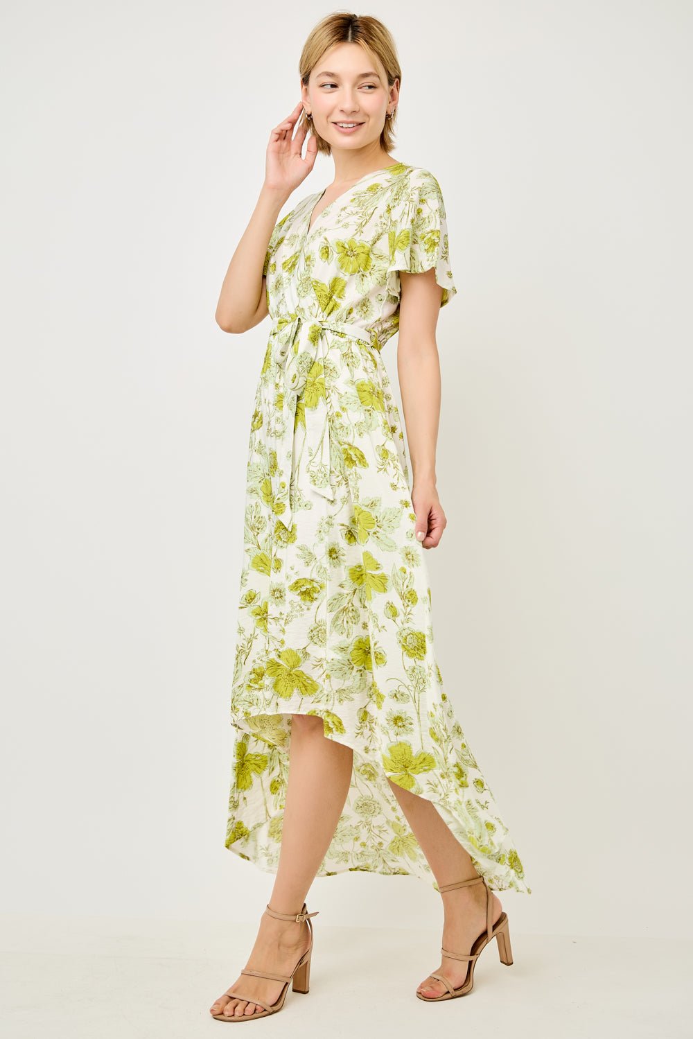 Image of West K Georgette Faux Wrap High - Low Midi Dress Lime Floral