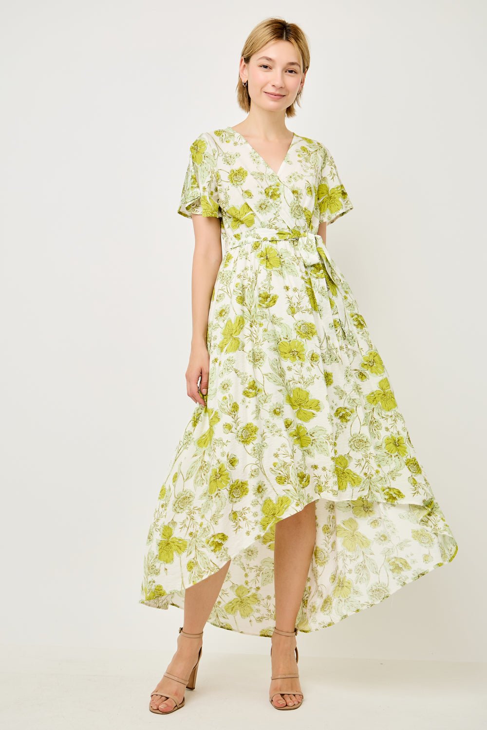 Image of West K Georgette Faux Wrap High - Low Midi Dress Lime Floral