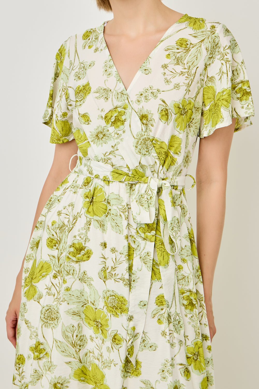 Image of West K Georgette Faux Wrap High - Low Midi Dress Lime Floral