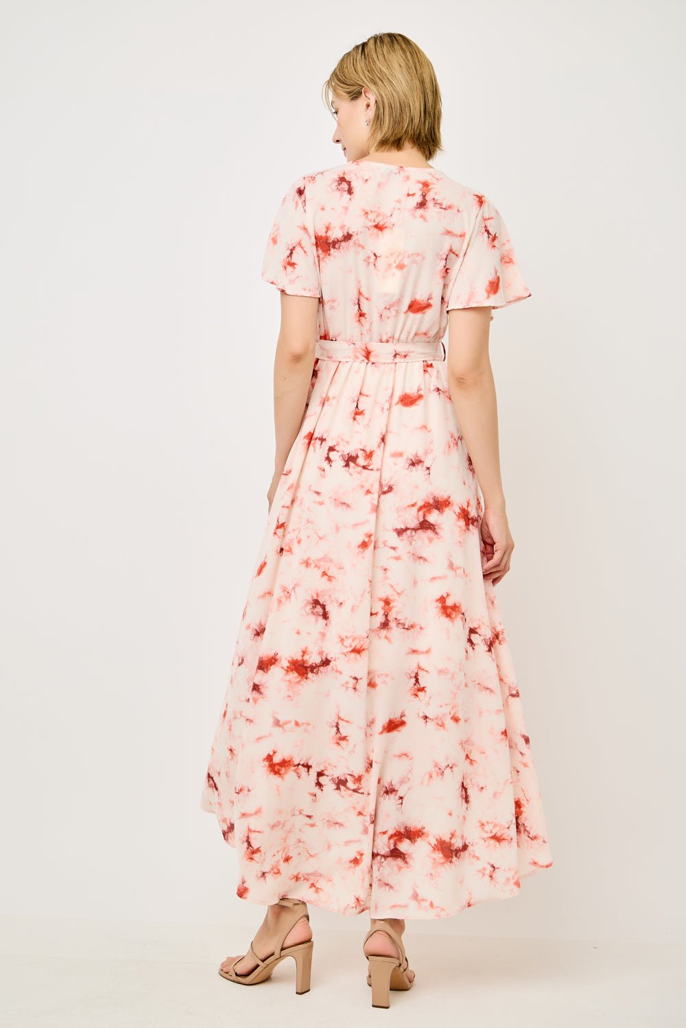 Image of West K Georgette Faux Wrap High - Low Midi Dress Orange Tie Dye