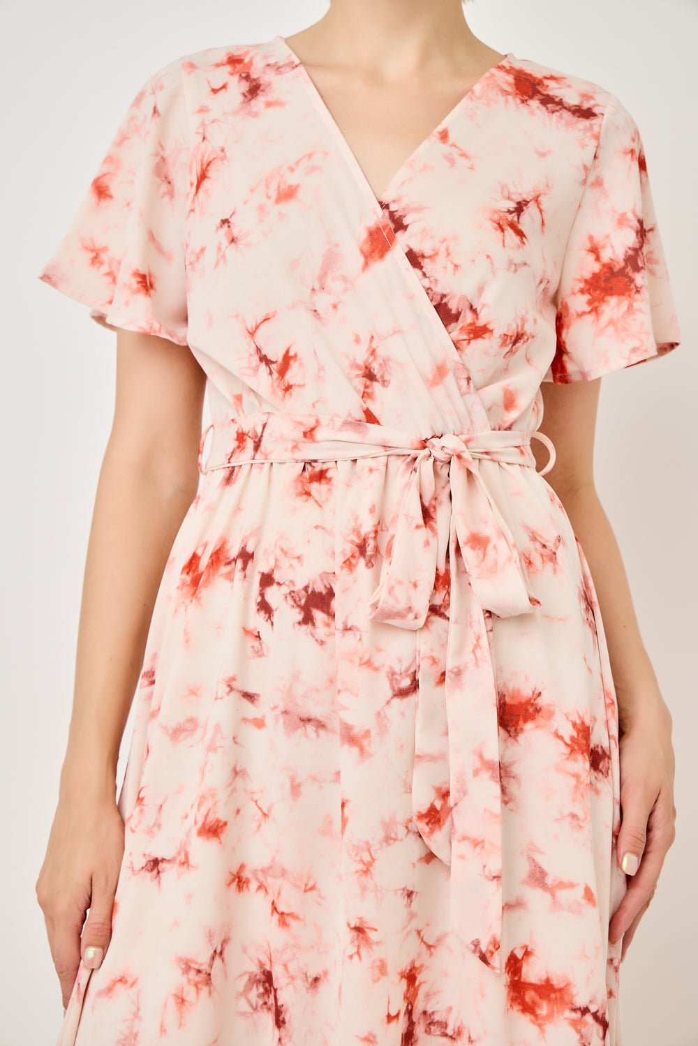 Image of West K Georgette Faux Wrap High - Low Midi Dress Orange Tie Dye