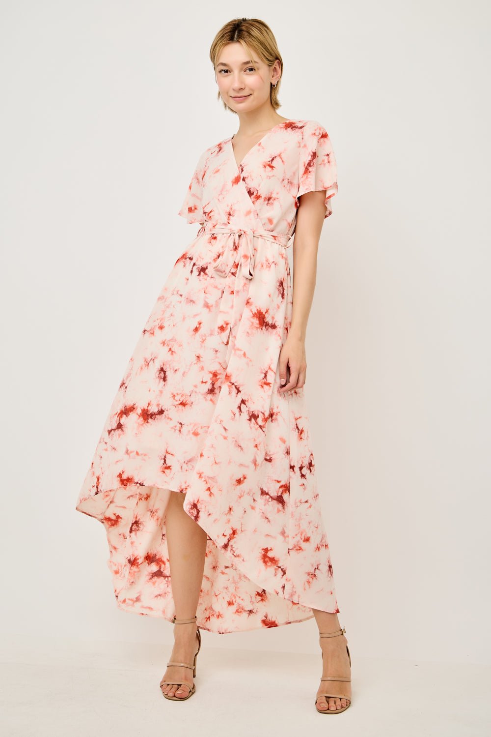 Image of West K Georgette Faux Wrap High - Low Midi Dress Orange Tie Dye