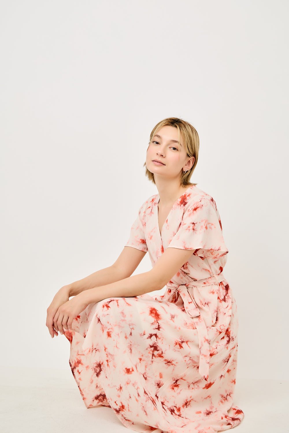 Image of West K Georgette Faux Wrap High - Low Midi Dress Orange Tie Dye