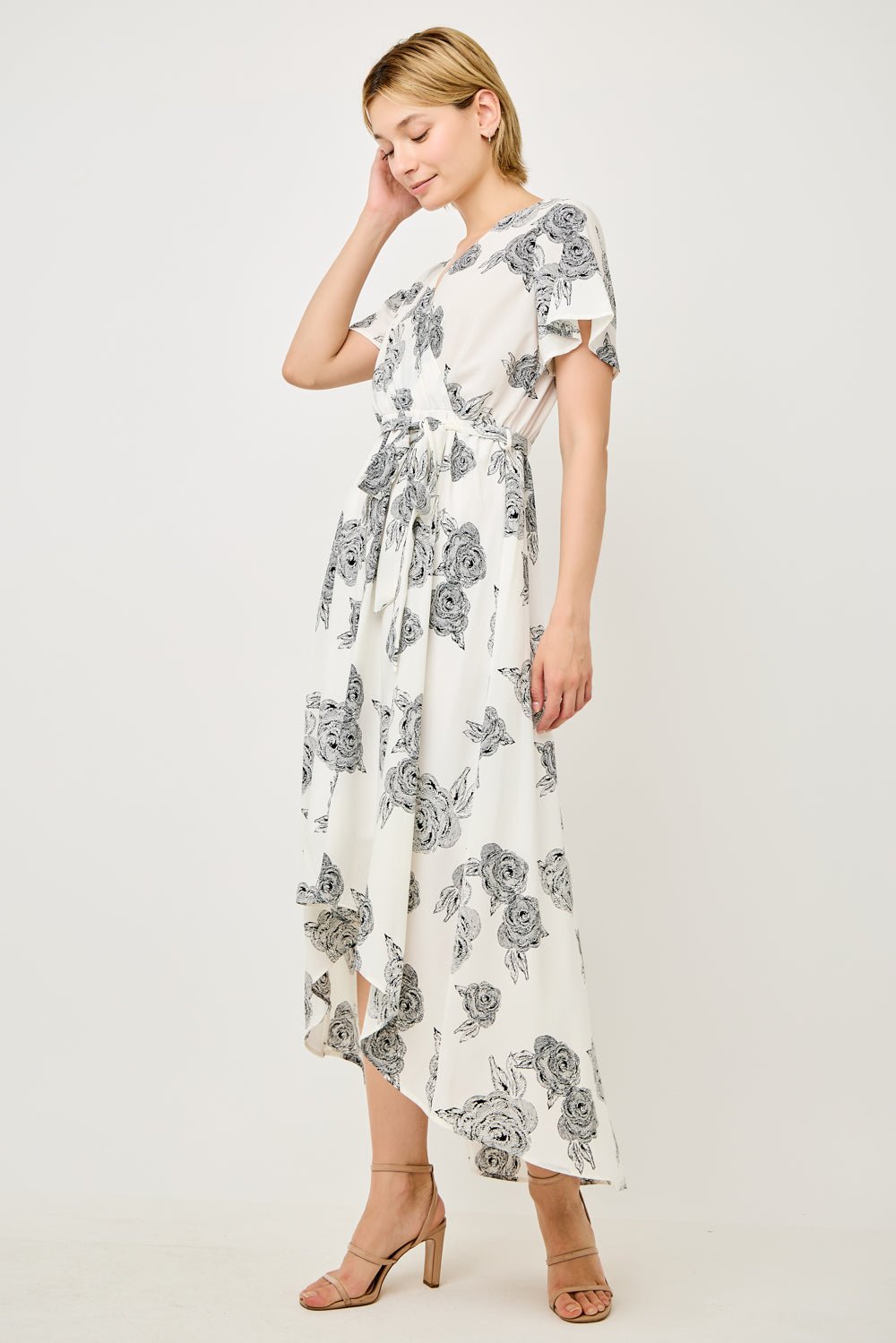 Image of West K Georgette Faux Wrap High - Low Midi Dress White Etched Floral