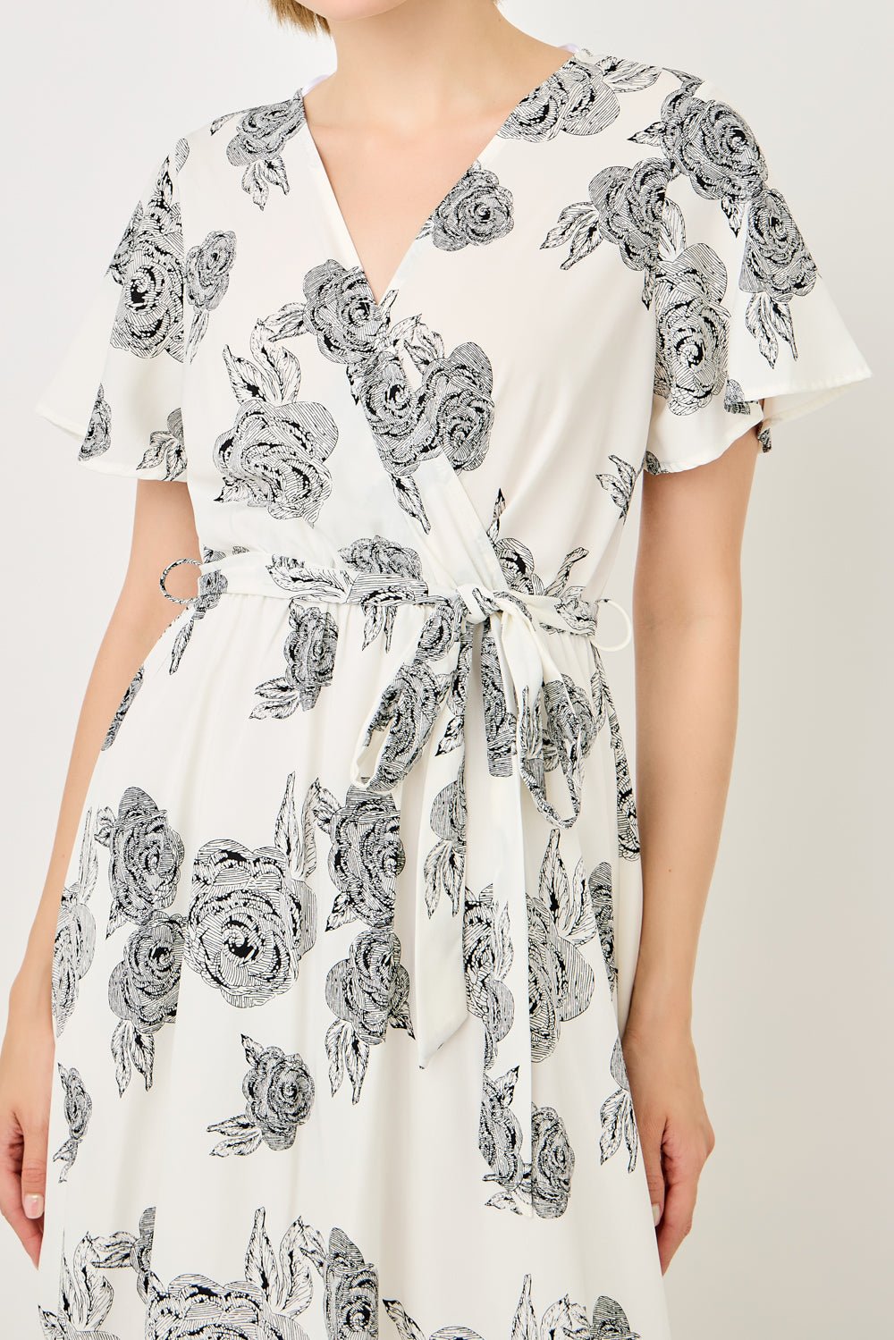Image of West K Georgette Faux Wrap High - Low Midi Dress White Etched Floral