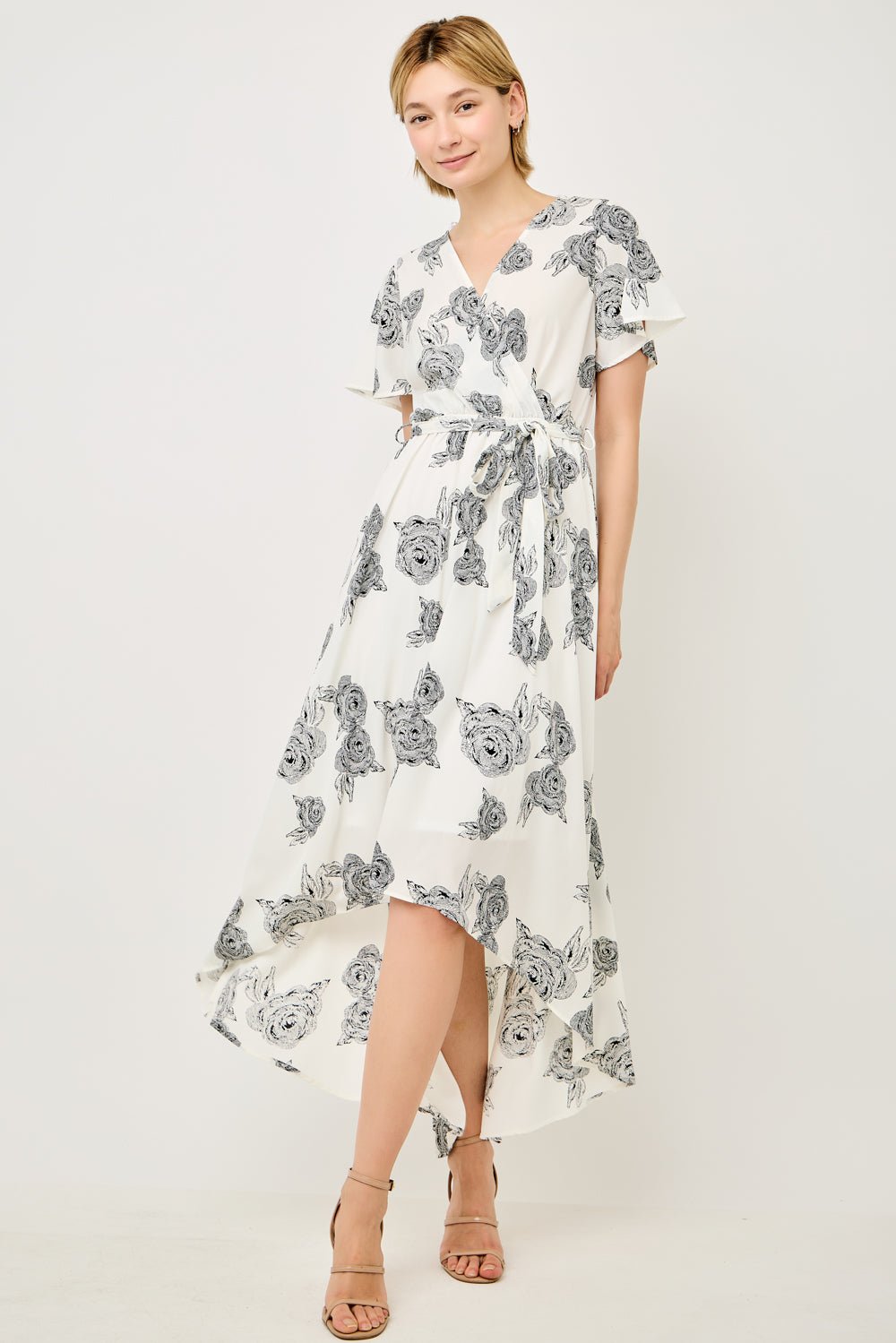 Image of West K Georgette Faux Wrap High - Low Midi Dress White Etched Floral