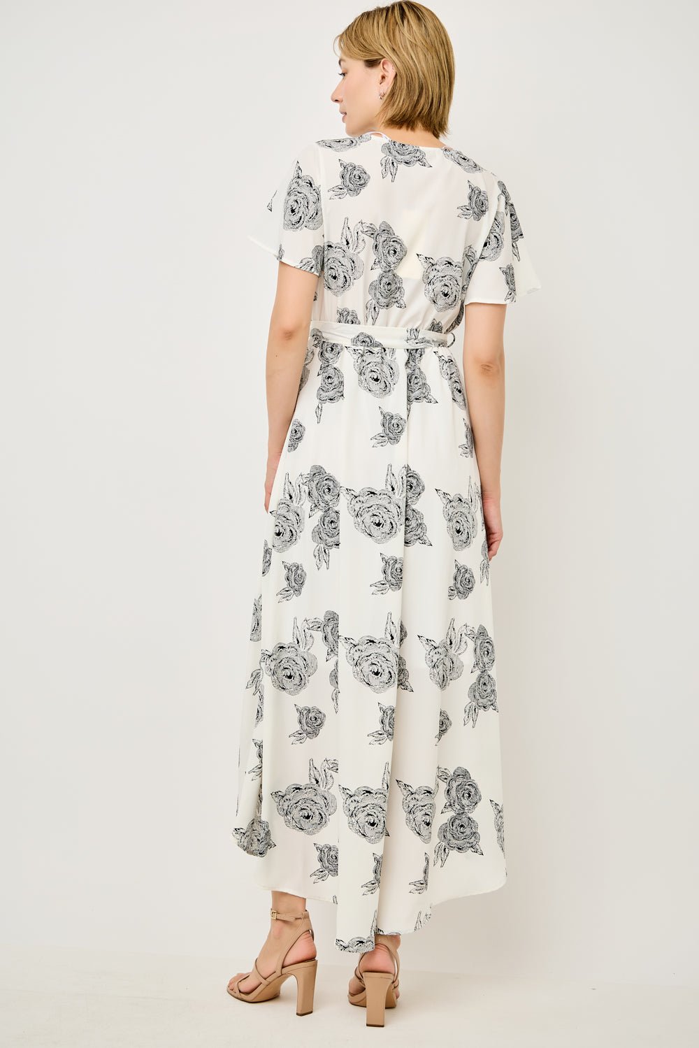 Image of West K Georgette Faux Wrap High - Low Midi Dress White Etched Floral