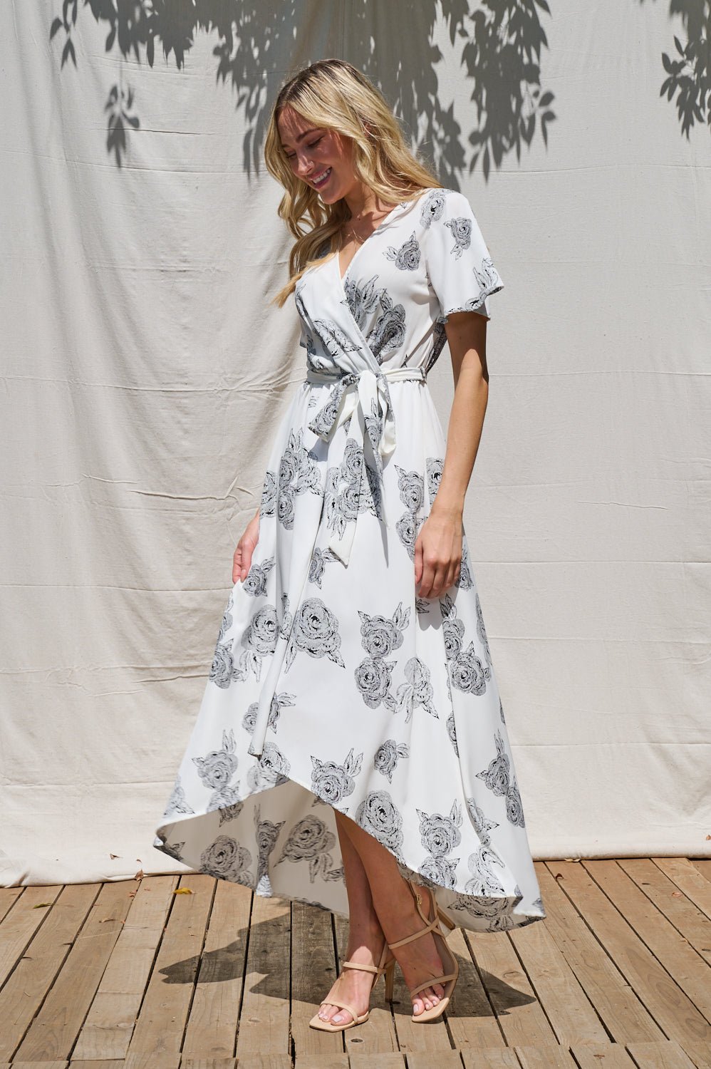Image of West K Georgette Faux Wrap High - Low Midi Dress White Etched Floral