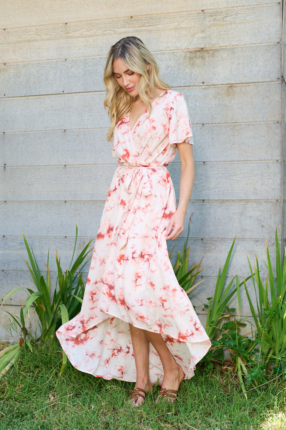 Image of West K Georgette Faux Wrap High - Low Midi Dress White Etched Floral