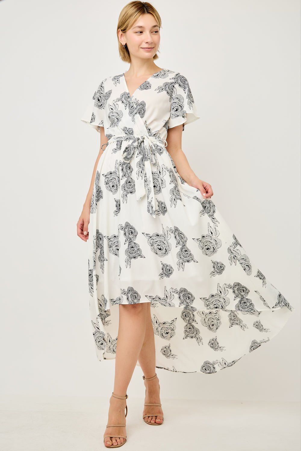 Image of West K Georgette Faux Wrap High - Low Midi Dress White Etched Floral