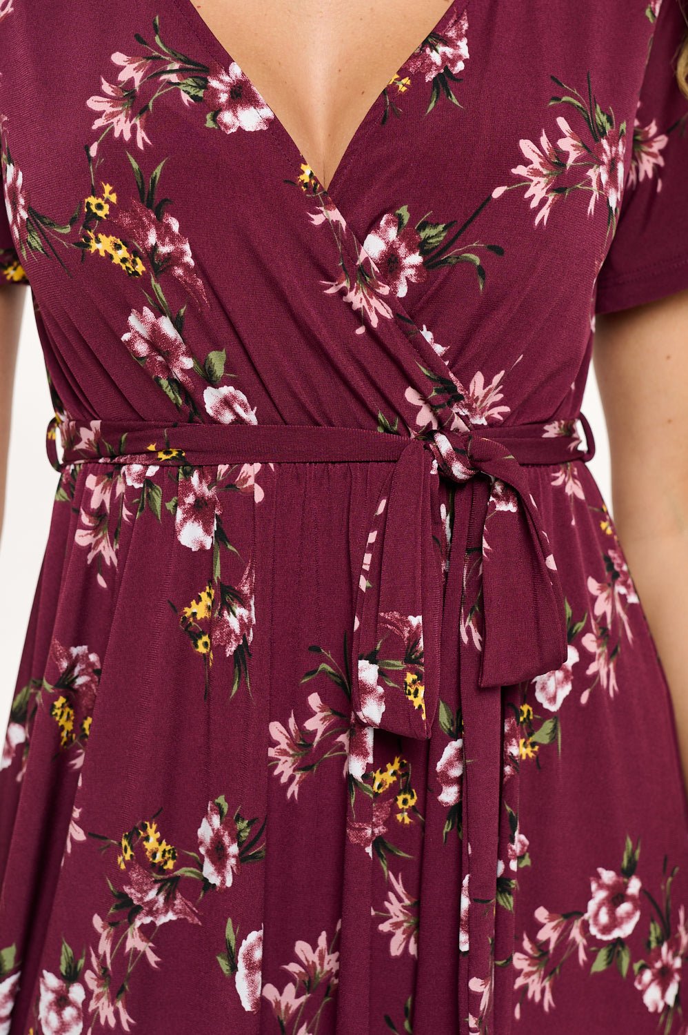 Image of West K Georgia Faux Wrap Hi - Lo Knit Dress Burgundy Floral