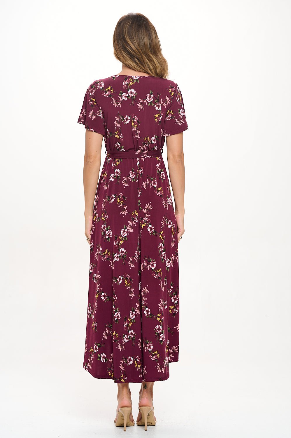 Image of West K Georgia Faux Wrap Hi - Lo Knit Dress Burgundy Floral