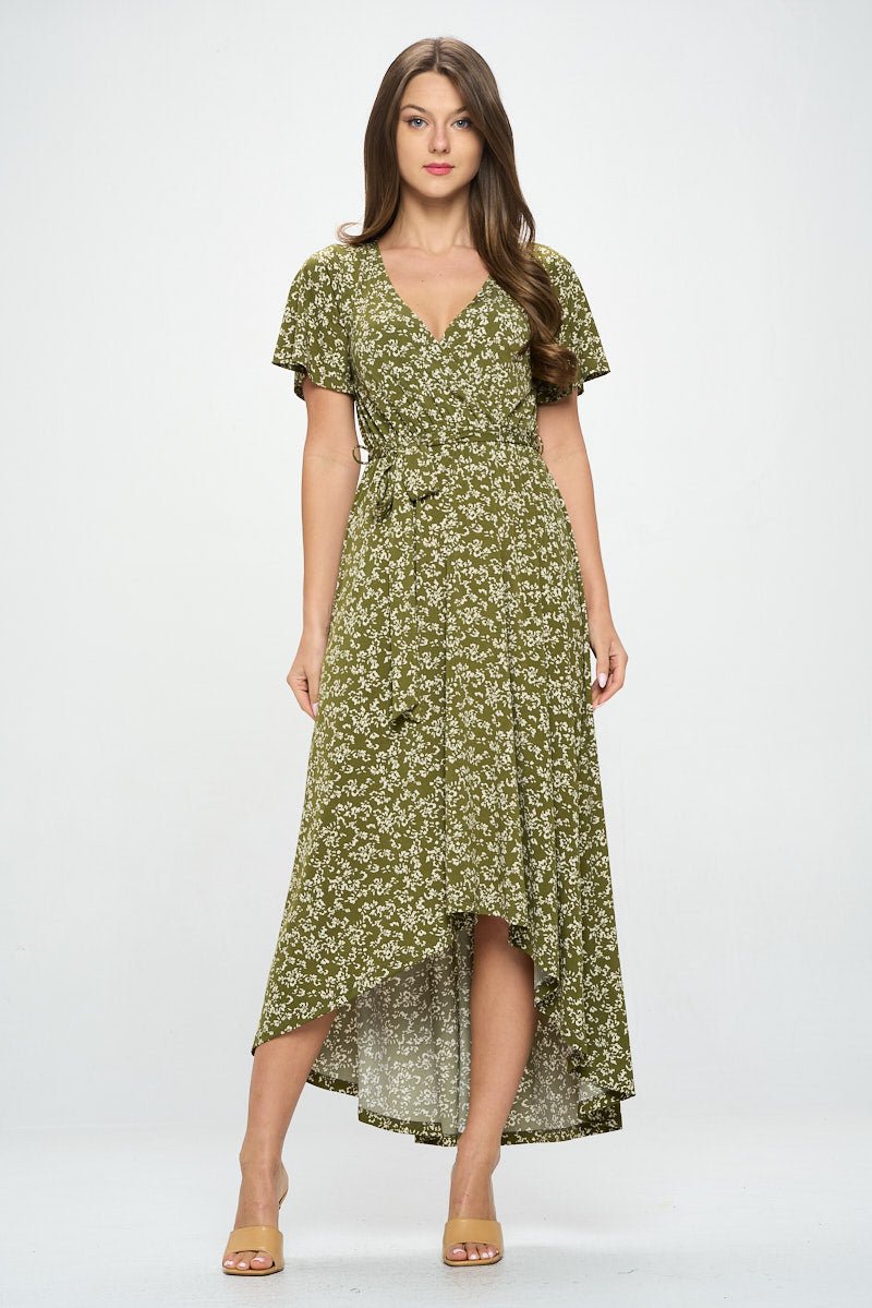 Image of West K Georgia Faux Wrap Hi - Lo Knit Dress Olive Ditzy Floral