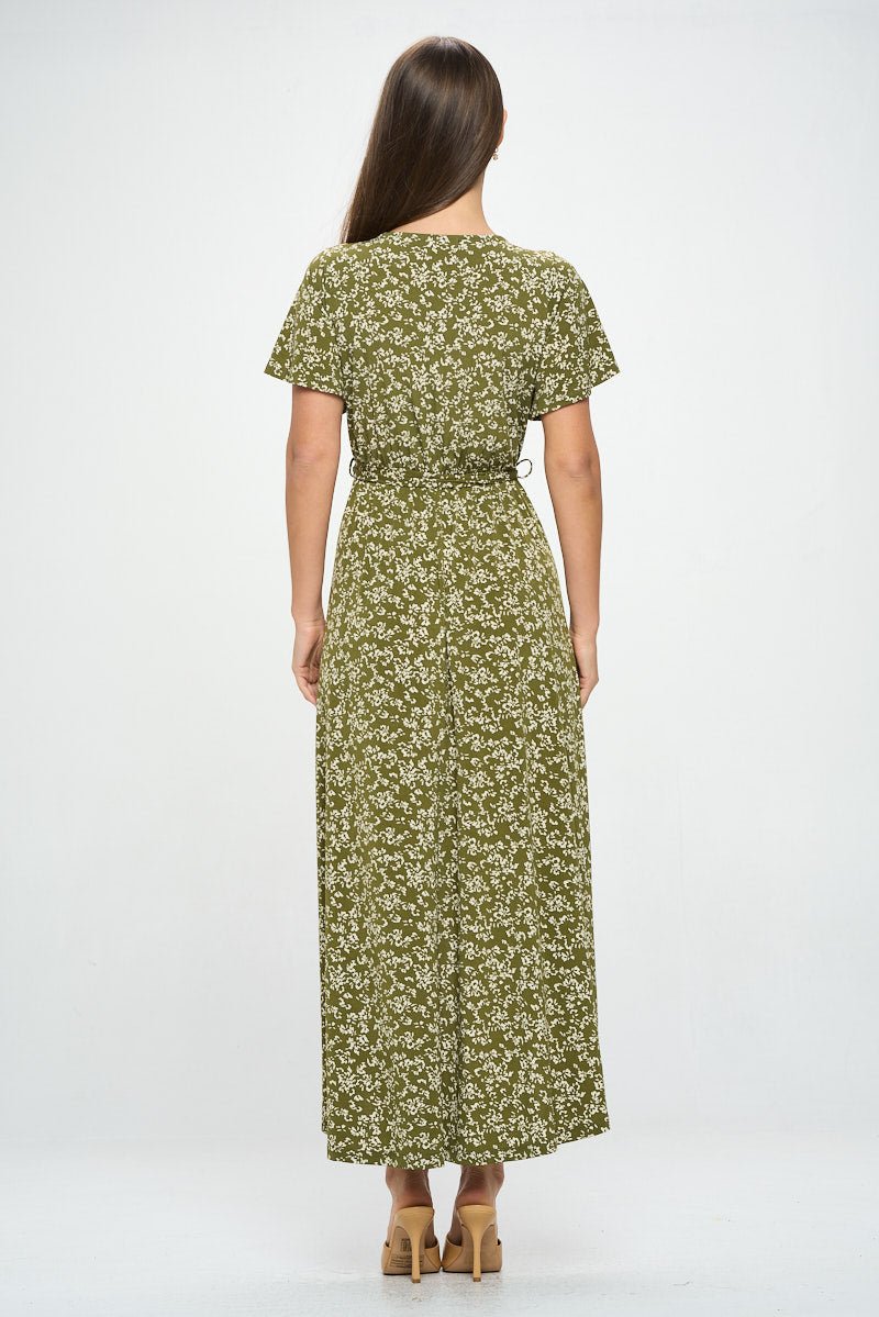 Image of West K Georgia Faux Wrap Hi - Lo Knit Dress Olive Ditzy Floral