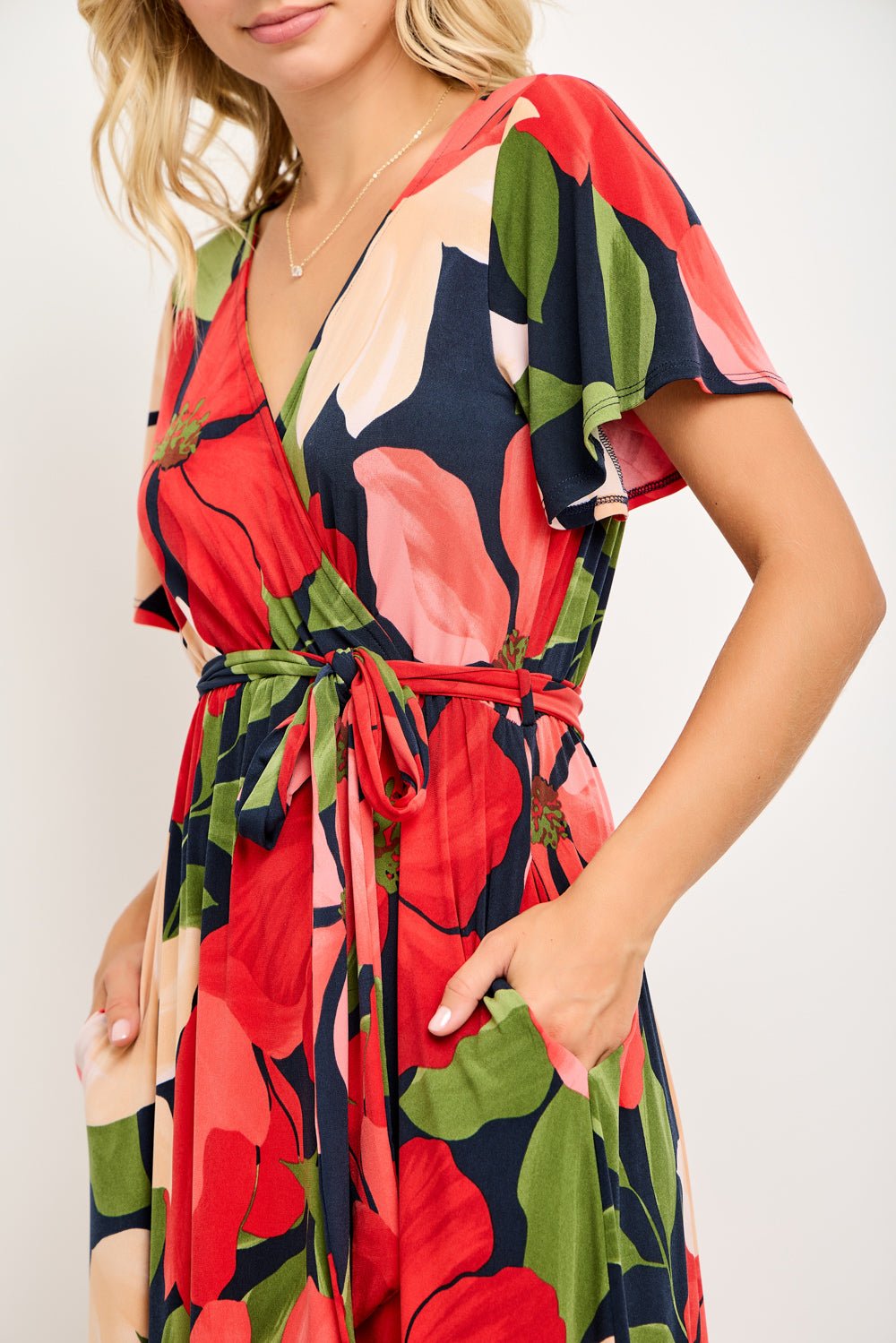 Image of West K Georgia Faux Wrap Hi - Lo Knit Dress Red Navy Floral