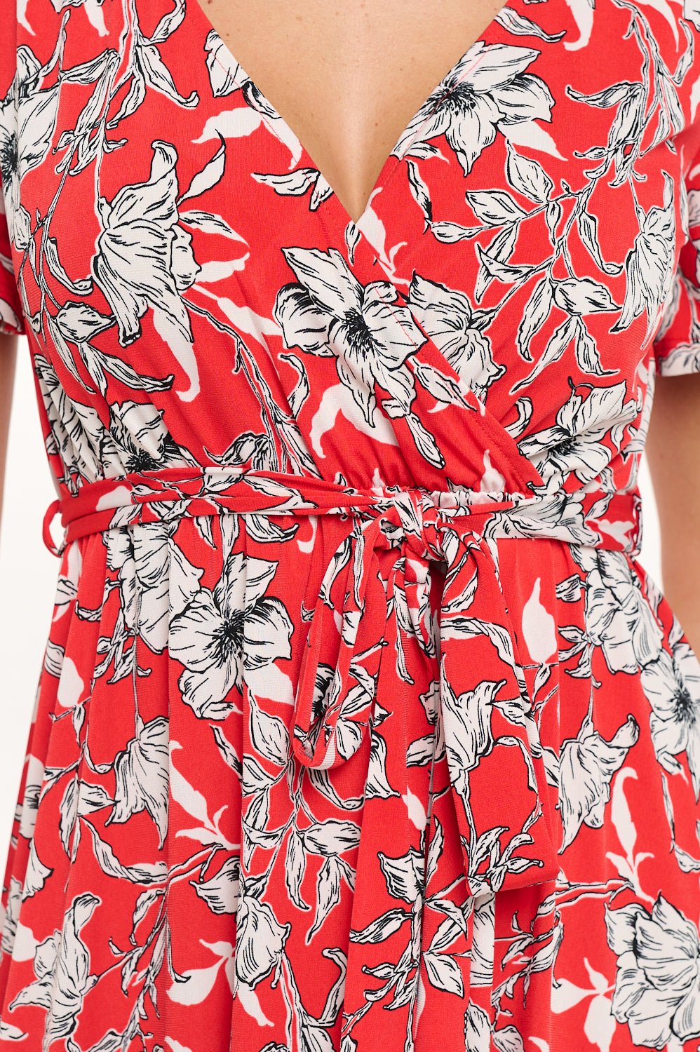 Image of West K Georgia Faux Wrap Hi - Lo Knit Dress Red White Floral