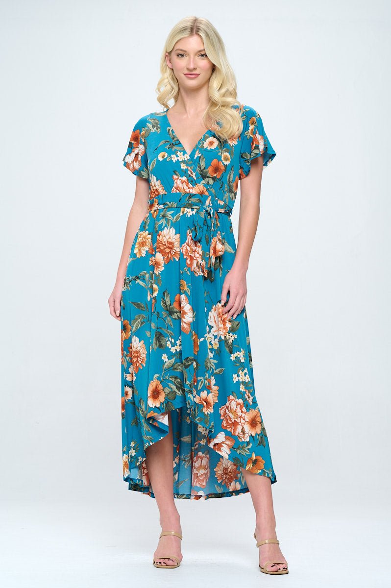 Image of West K Georgia Faux Wrap Hi - Lo Knit Dress Teal Orange Floral